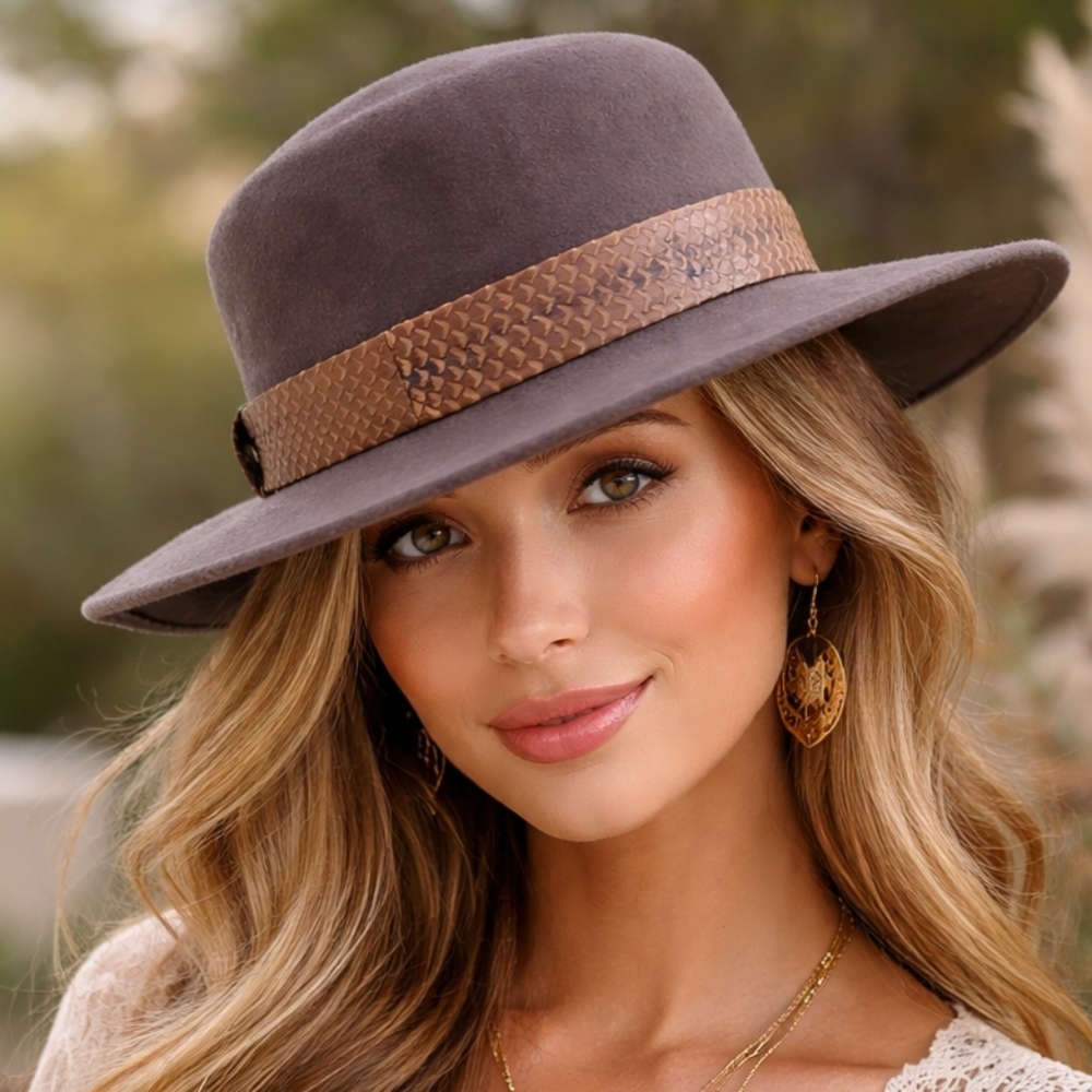 Womens Taupe Felt Wide-Brim Hat with Braided Leather Band